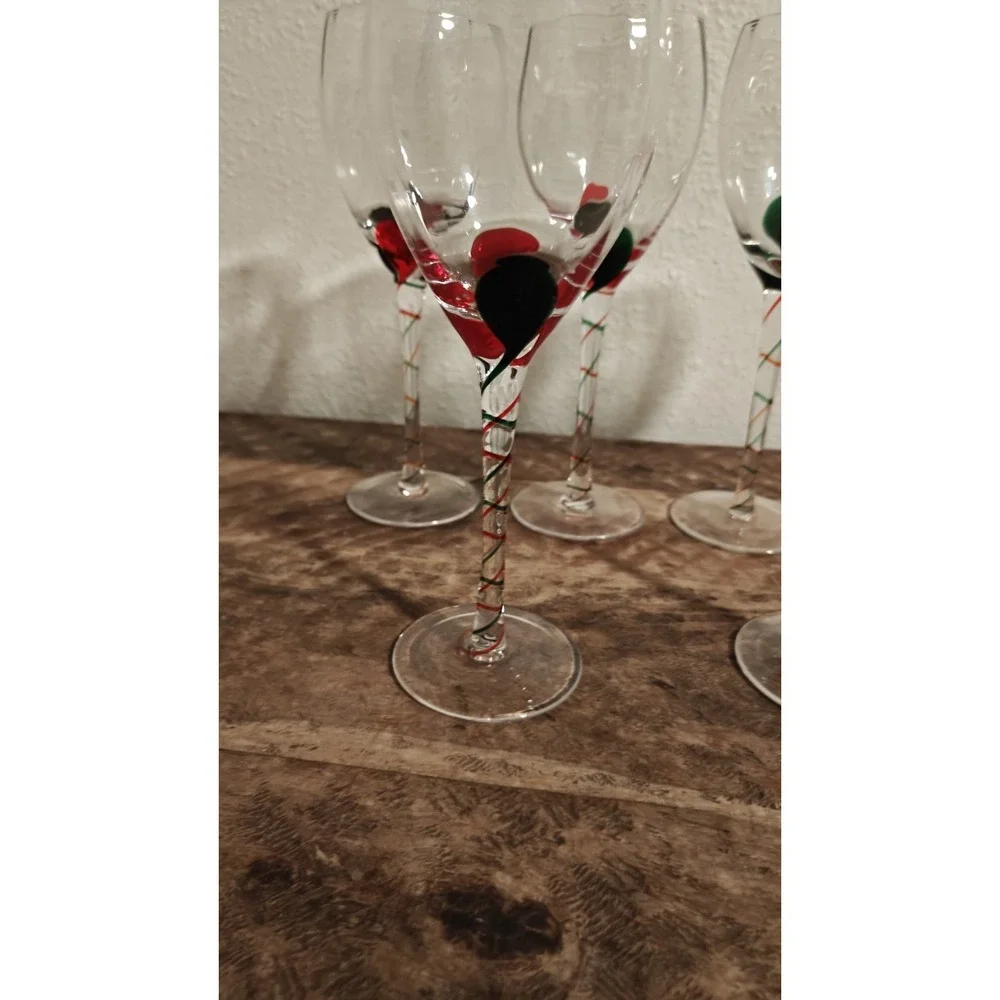 Pier 1‎ OPTIC RIBBON  Hand Blown Glass Wine Goblets Set Of 6 Christmas Red Green